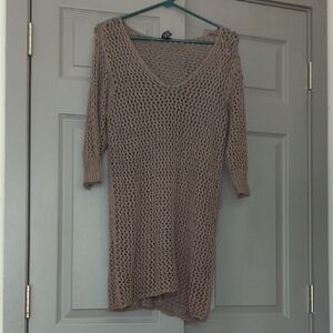 Sacred Threads Tan V-Neck Sweater with Open Knit Design